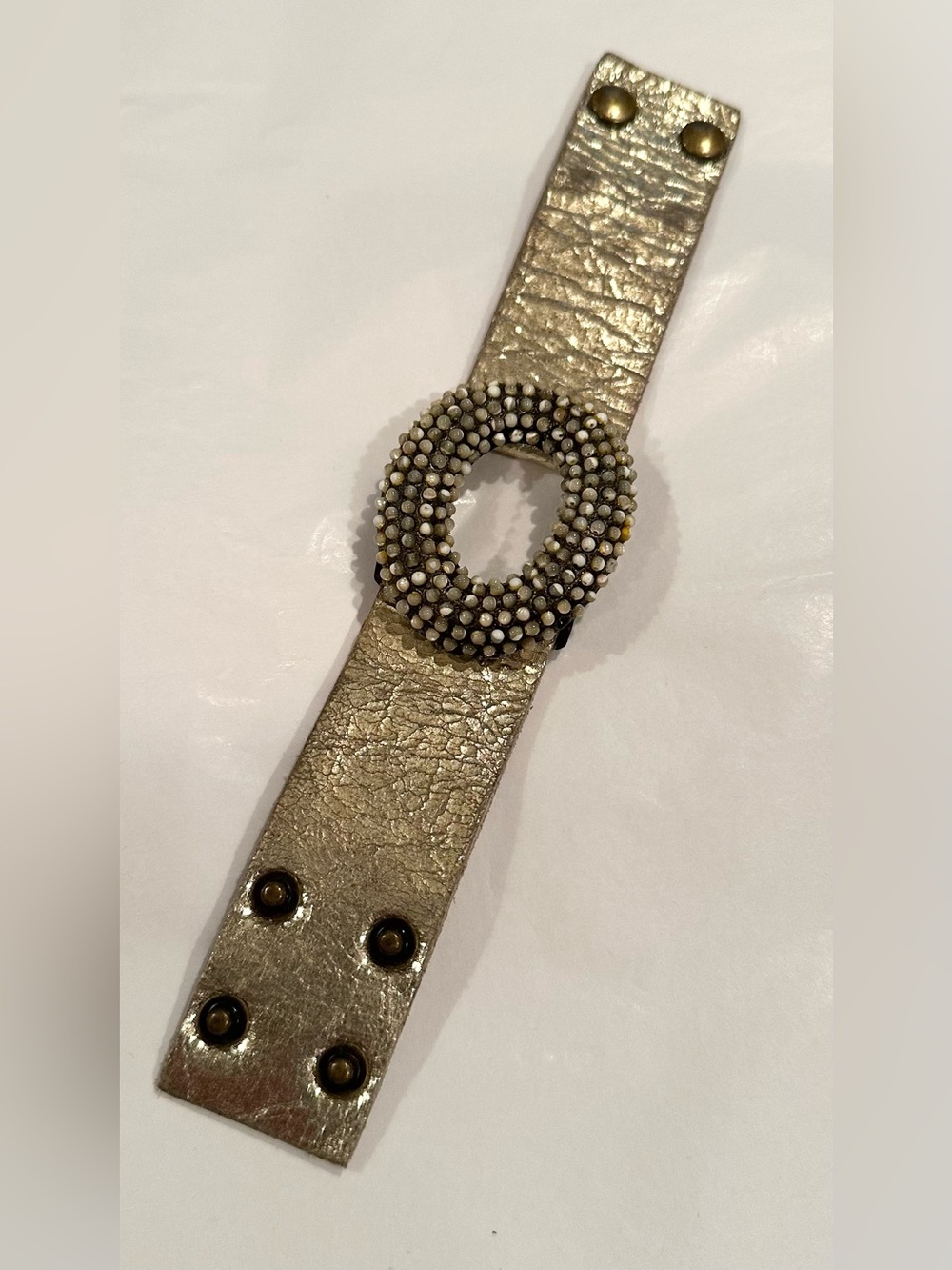 Metallic Leather Beaded Statement Cuff Bracelet Gray Ivory